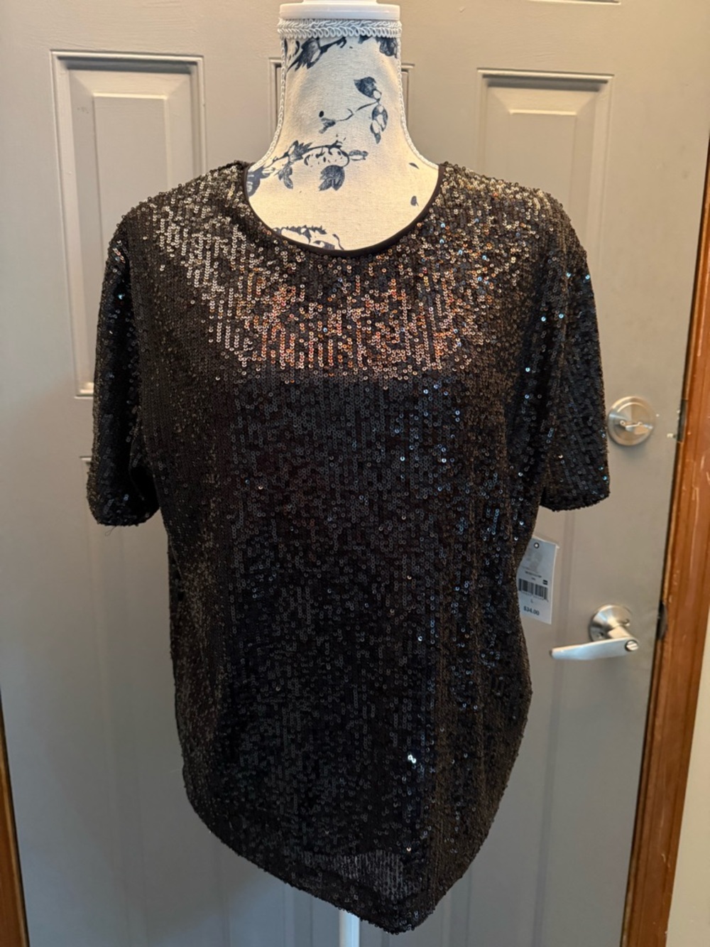 Black Sequin Short-Sleeve blouse -Ophelia Roe (NWT)
